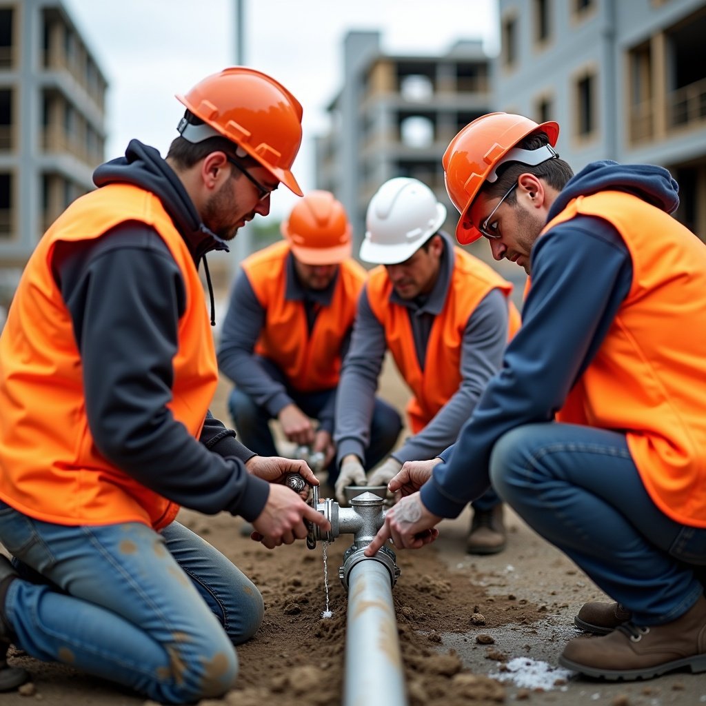 Group of construction workers engaged in plumbing tasks. They wear bright orange safety vests and hard hats, focused on connecting pipes. Outdoor construction site shows partially built structures. Workers collaborate to demonstrate teamwork and professionalism.