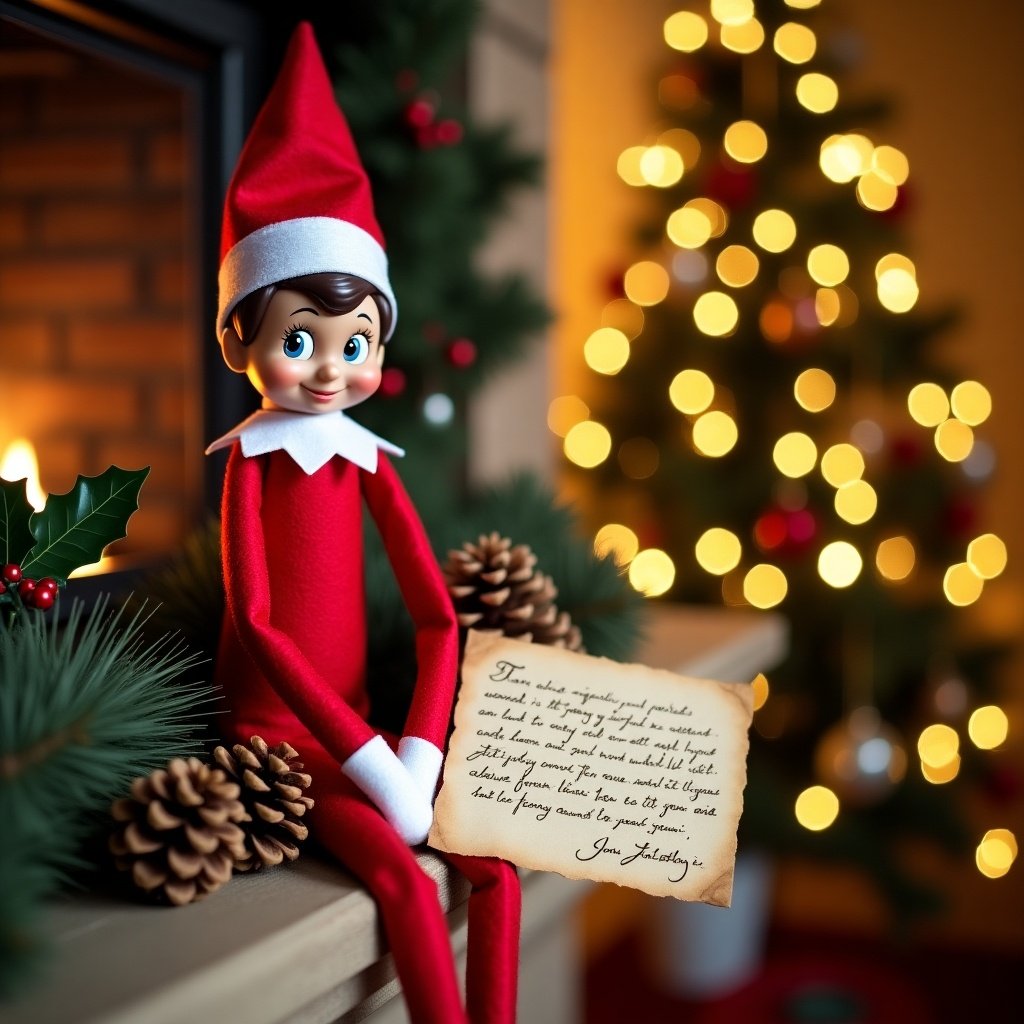 Image of a Christmas-themed elf doll. The elf sits on a shelf next to a fireplace. The background features a Christmas tree with lights. There is a letter beside the elf. The setting is cozy and festive.