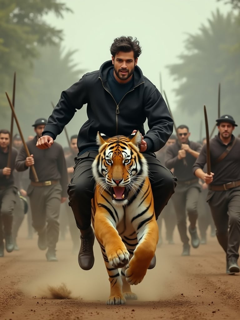 Man in black jacket riding a tiger running fast. Numerous people chasing behind carrying sharp weapons. Dust and energy in the setting. Action-packed movement and excitement. Intensifies the sense of adventure.