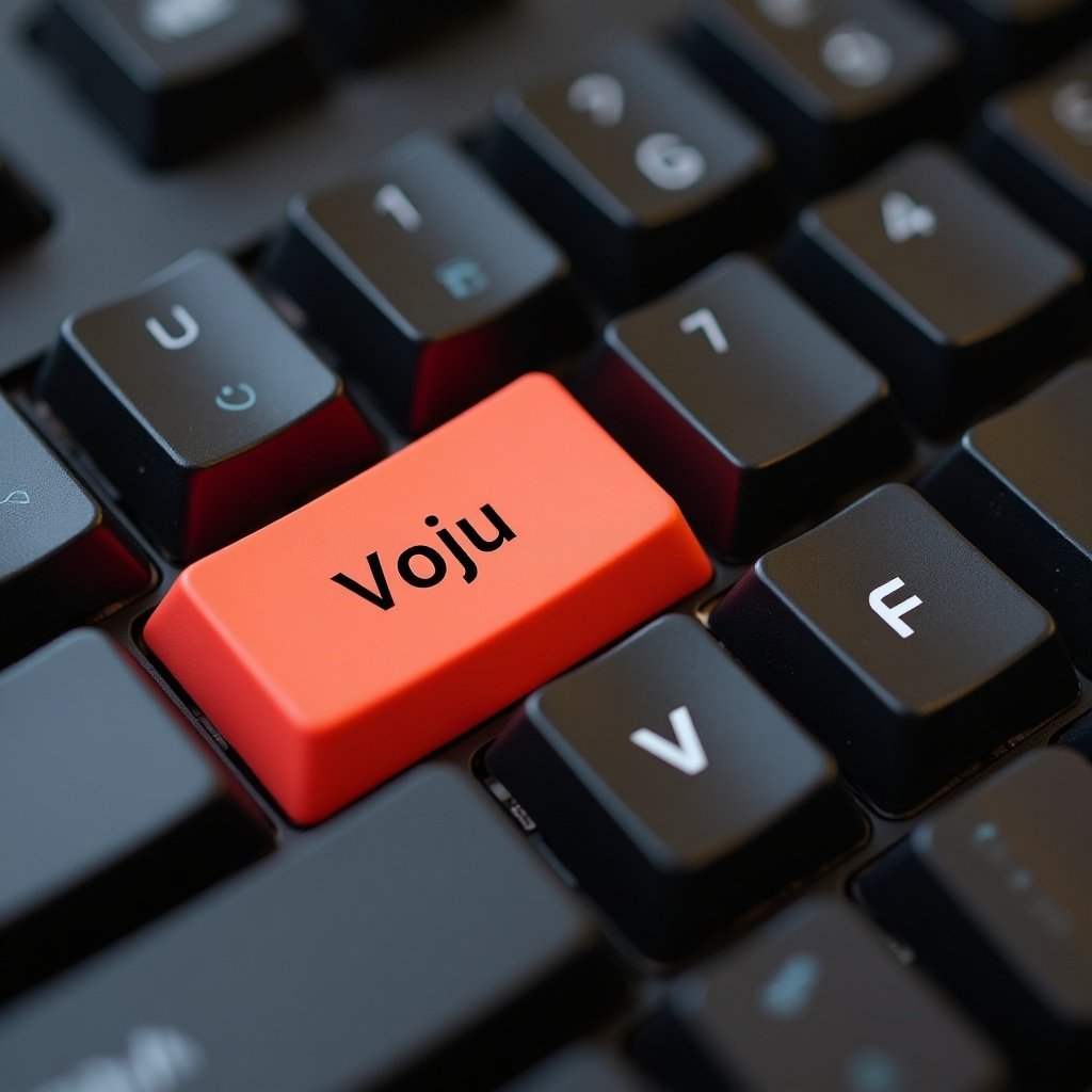 Close-up shot of a keyboard with a key labeled 'Voju'. The key is bright orange. Surrounding keys are black. Combination shifts with 'C' and 'V'.