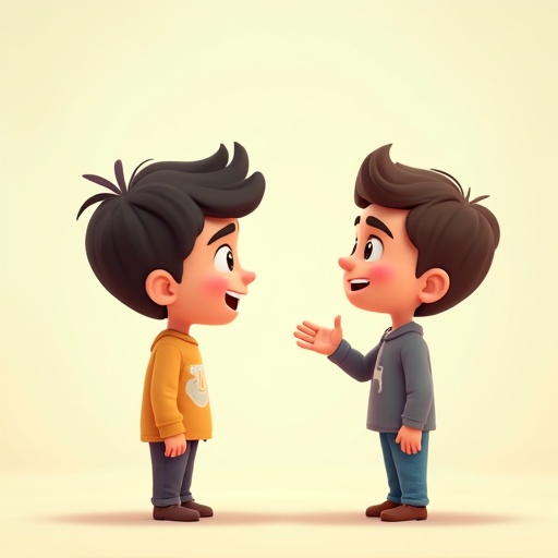 Two cartoon human characters stand facing each other. They speak Egyptian Arabic. The first character asks a question. The second character replies casually. The atmosphere is friendly and casual. Characters have realistic human-like features. Background is in pastel colors. Animation style is clear and engaging.