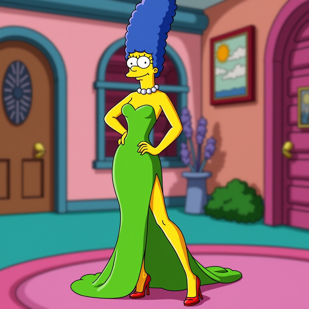 Vibrant animated character scene with Marge Simpson. She wears a green gown and high heels. Background reflects Springfield. Emphasis on fashion character design.