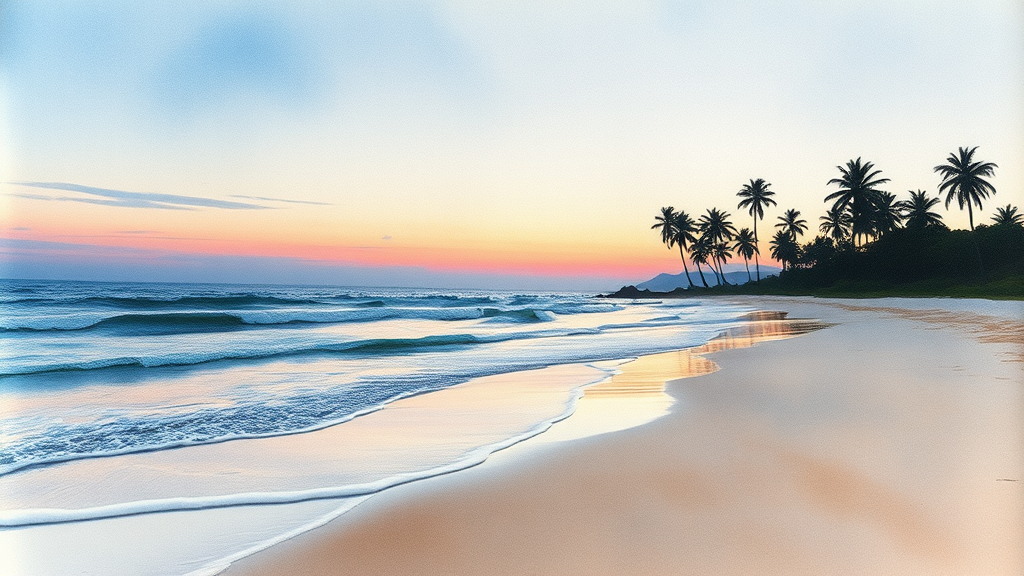 A beach scene at sunset with palm trees and gentle waves.