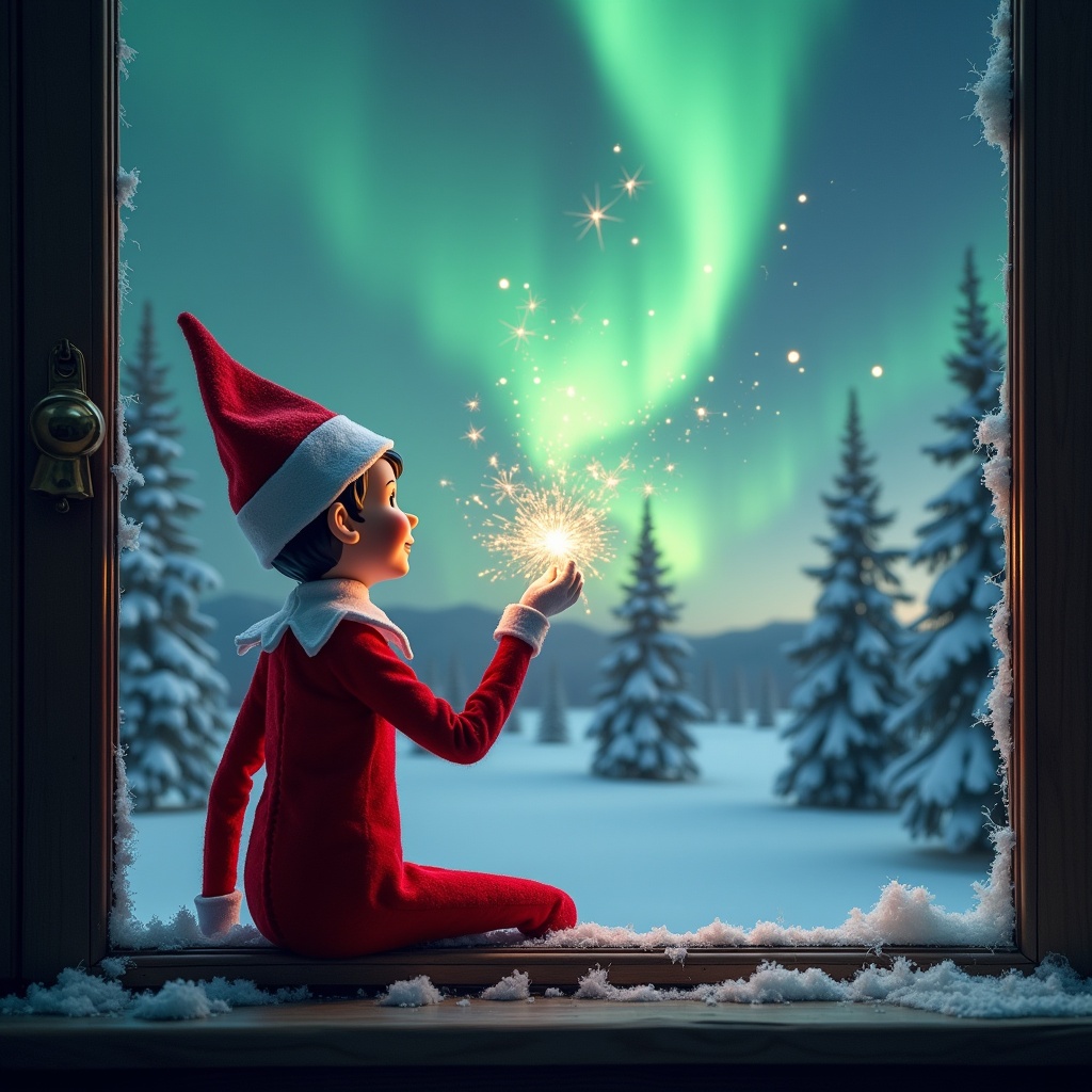 The image features an adorable elf on the shelf sitting on a window ledge, with his back turned to the viewer. He is using a magical wand to create twinkling sparks while looking up at a stunning display of northern lights. The background is set in a winter wonderland, filled with snow-covered pine trees, conjuring a festive holiday feel. Dressed in a vibrant red outfit with white trim, the elf embodies the Christmas spirit. The scene is illuminated by the enchanting colors of the aurora borealis, enhancing the magical ambiance.