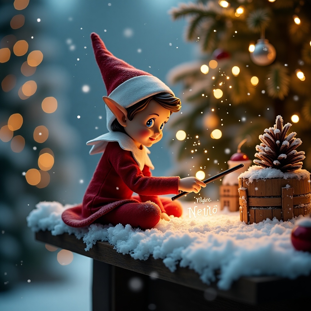 A magical Christmas scene featuring an elf on a snowy table. The elf is writing Nevio using a wand. The background has trees and lights creating a festive atmosphere.