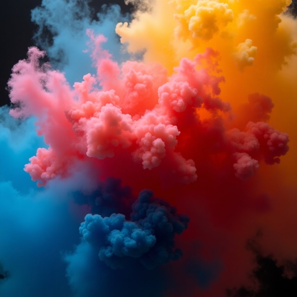 A vibrant explosion of primary colors in smoke. The colors blend in dynamic patterns. The image has a high contrast with a dramatic effect.