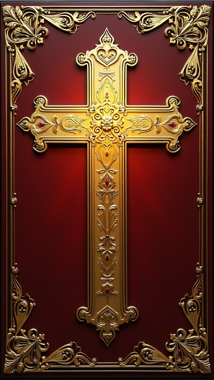 This image features a beautifully ornate golden cross set against a rich burgundy background. The cross is intricately designed with floral patterns, embellished with red jewel-like accents, and surrounded by a decorative border that complements its luxurious appearance. The intricate details and the opulent use of gold make it a striking and artistic representation.