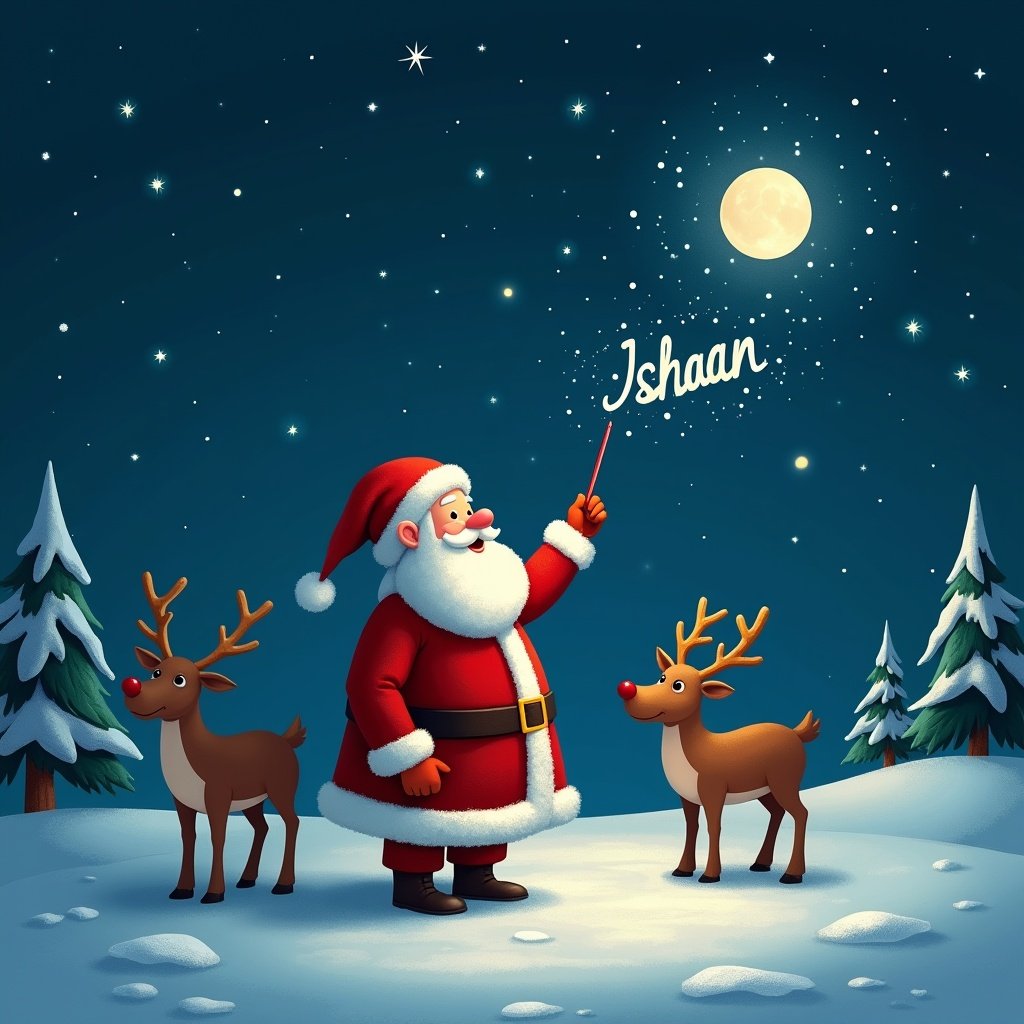 Santa Claus in a snowy landscape at night with glowing stars and moon. Santa uses a wand to write the name Ishaan in the air. Two reindeer stand beside him.