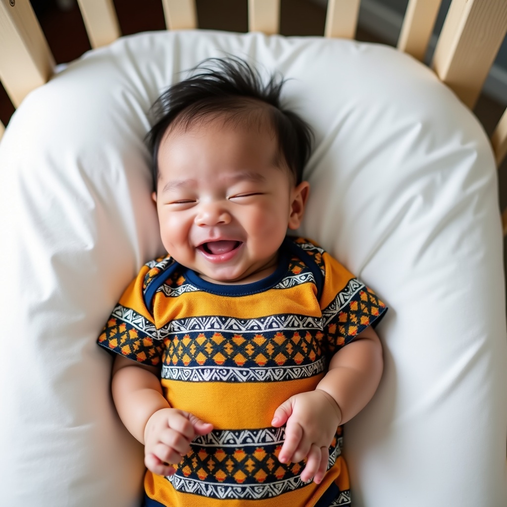 A two-month-old baby boy is laying in his crib on a soft, white sheet. He is wearing a colorful Ankara print onesie with vibrant patterns. The baby is smiling in his sleep, showcasing his joyful expression. His hair is dark and slightly tousled, adding to the cute appearance. The scene is captured in soft, natural light, creating a warm atmosphere. The focus is on the baby's happy face, making it an adorable moment. This image emphasizes the blissfulness and innocence of early childhood.