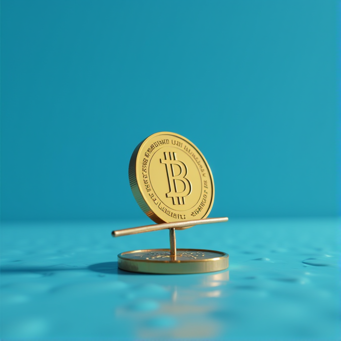 A stylized gold Bitcoin coin creatively balanced on a stick against a vibrant teal background.