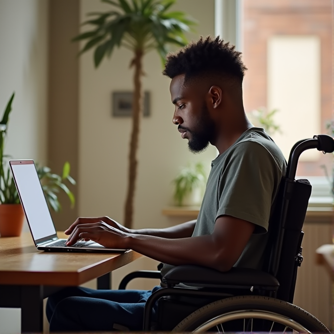 A person in a wheelchair is working on a laptop at a desk in a bright room with plants and a window.