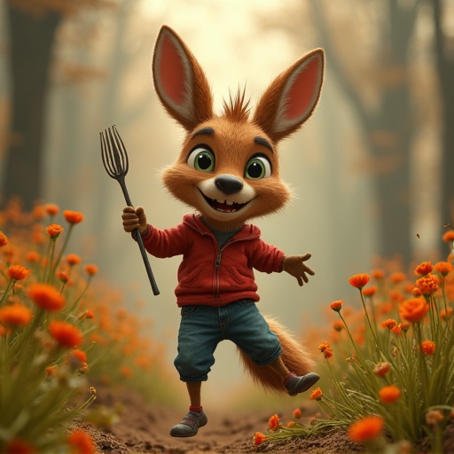 Create an image of an animated character resembling a rabbit in a forest setting. The rabbit character is smiling and holding a fork, dressed in casual clothes for a playful atmosphere.