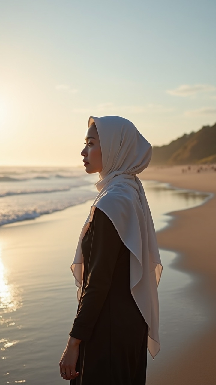 A woman in a hijab stands on a serene beach at sunset, her gaze focused on the horizon. The gentle waves reflect the warm glow of the setting sun, creating a peaceful and contemplative ambiance. Her attire and the natural setting blend harmoniously, invoking a sense of calmness and introspection.