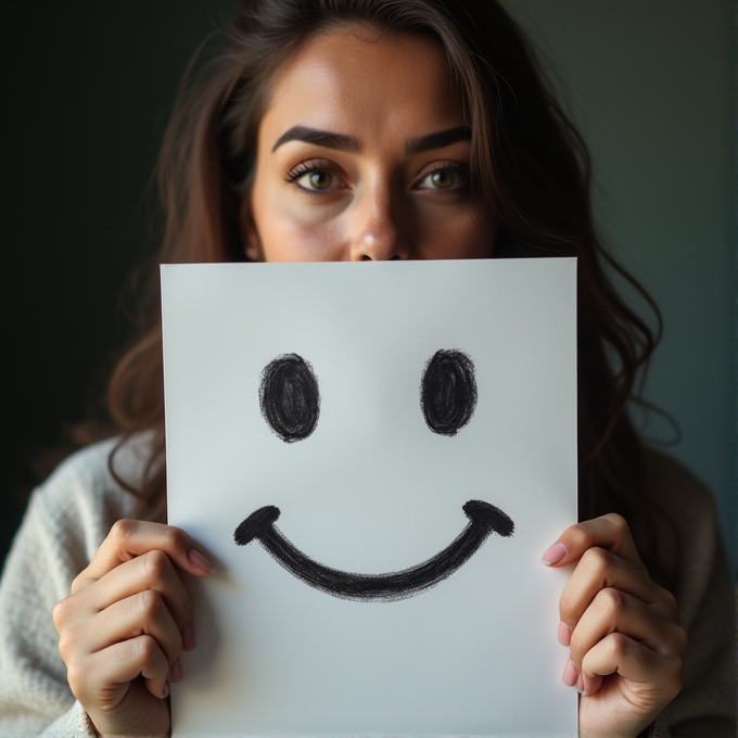 A person holds a piece of paper with a hand-drawn smiley face, partially covering their face and revealing only their eyes.