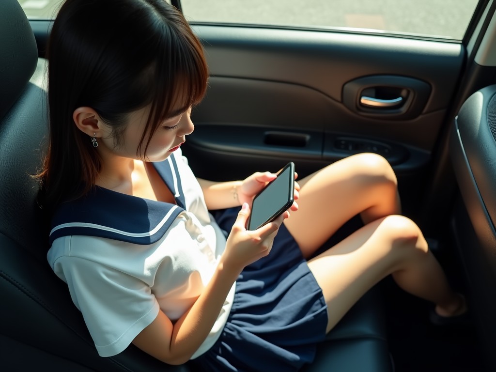 A young woman dressed in a school uniform sits in the backseat of a car, intently focused on her smartphone. Sunlight streams into the car, casting soft shadows and highlighting her pensive expression. The interior of the car provides a quiet, enclosed space, adding to the sense of introspection.