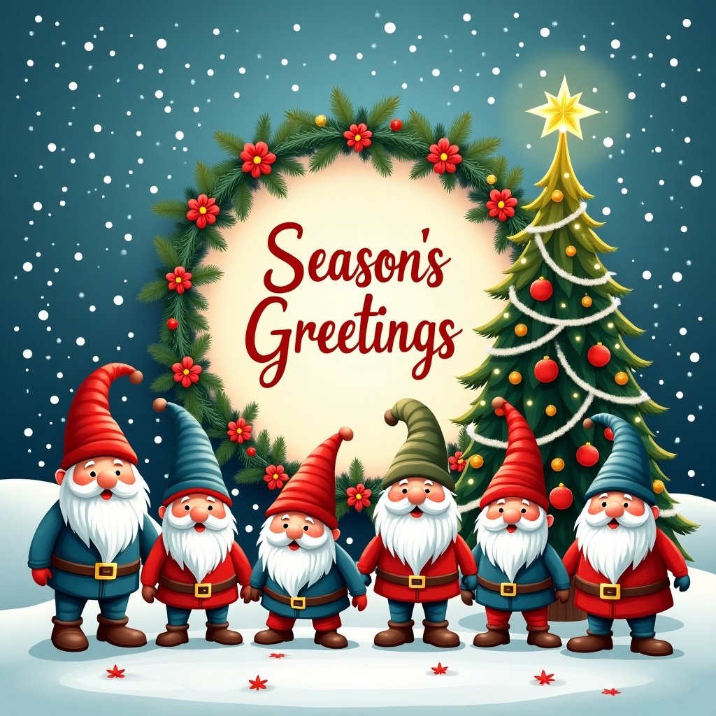 Whimsical winter scene filled with holiday cheer. Cheerful gnomes in colorful outfits. Beautifully decorated Christmas tree with ornaments and lights. Circular area features text. Festive greenery and flowers frame the text. Snowy landscape adds to the holiday atmosphere. Vibrant color palette of blues, reds, and greens.