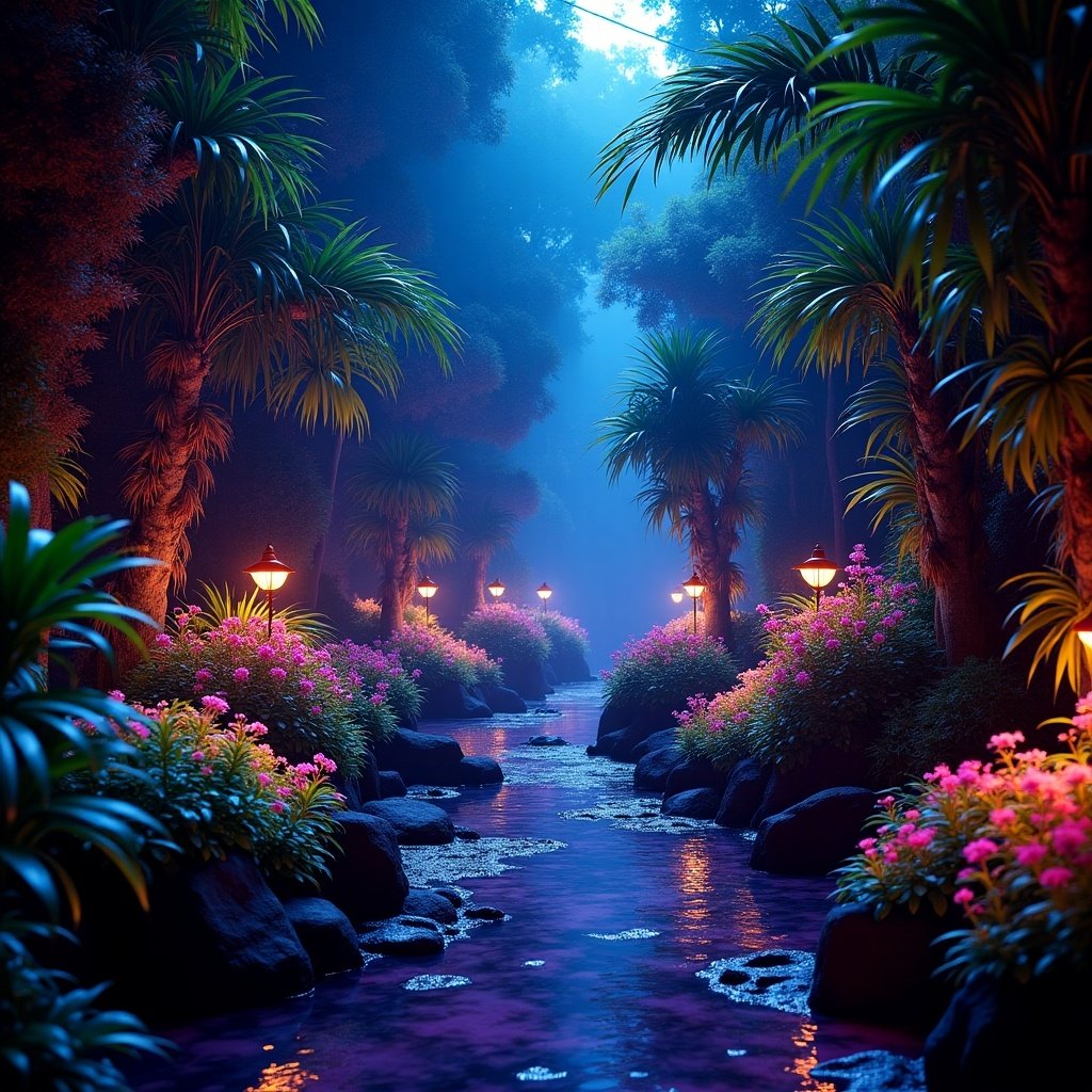 Photorealistic full-screen photo of a lush vibrant fluorescent rainbow-colored AI-created blacklight rainforest garden in space. Image features glowing plants, a serene pathway, and a tranquil body of water.