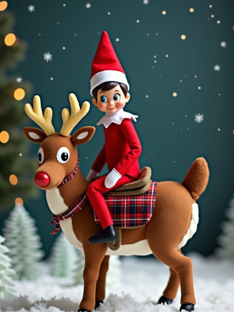 An elf in a red outfit sits atop a reindeer. Snowy ground surrounds them. Festive background with soft lighting. Trees decorated with lights in the backdrop.