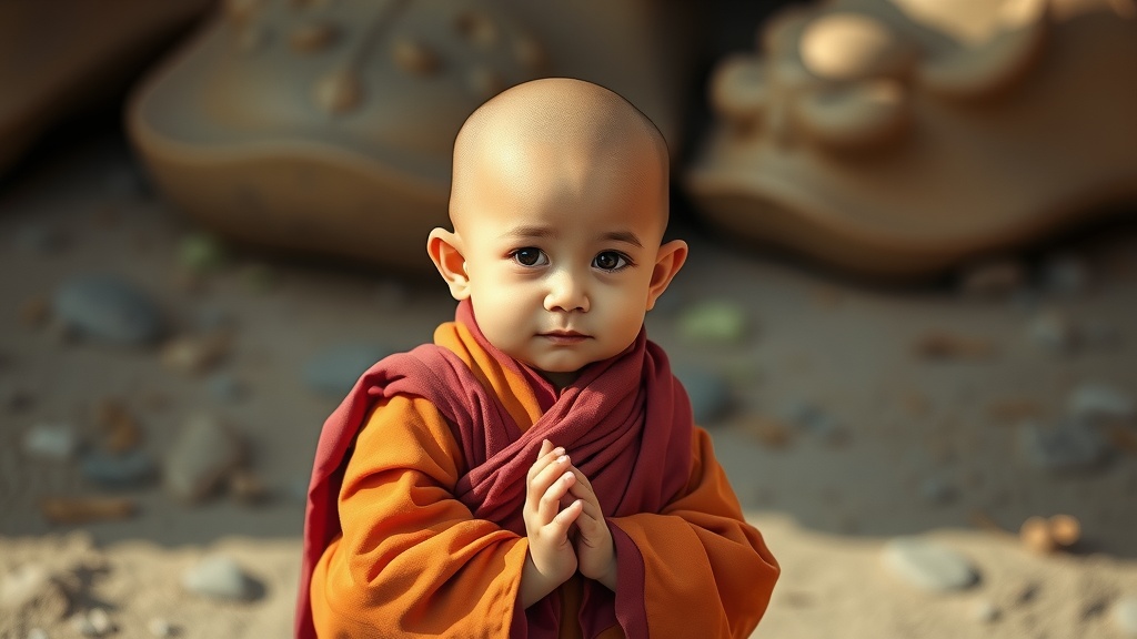 A young child dressed in traditional monk attire stands with hands clasped, exuding serenity.