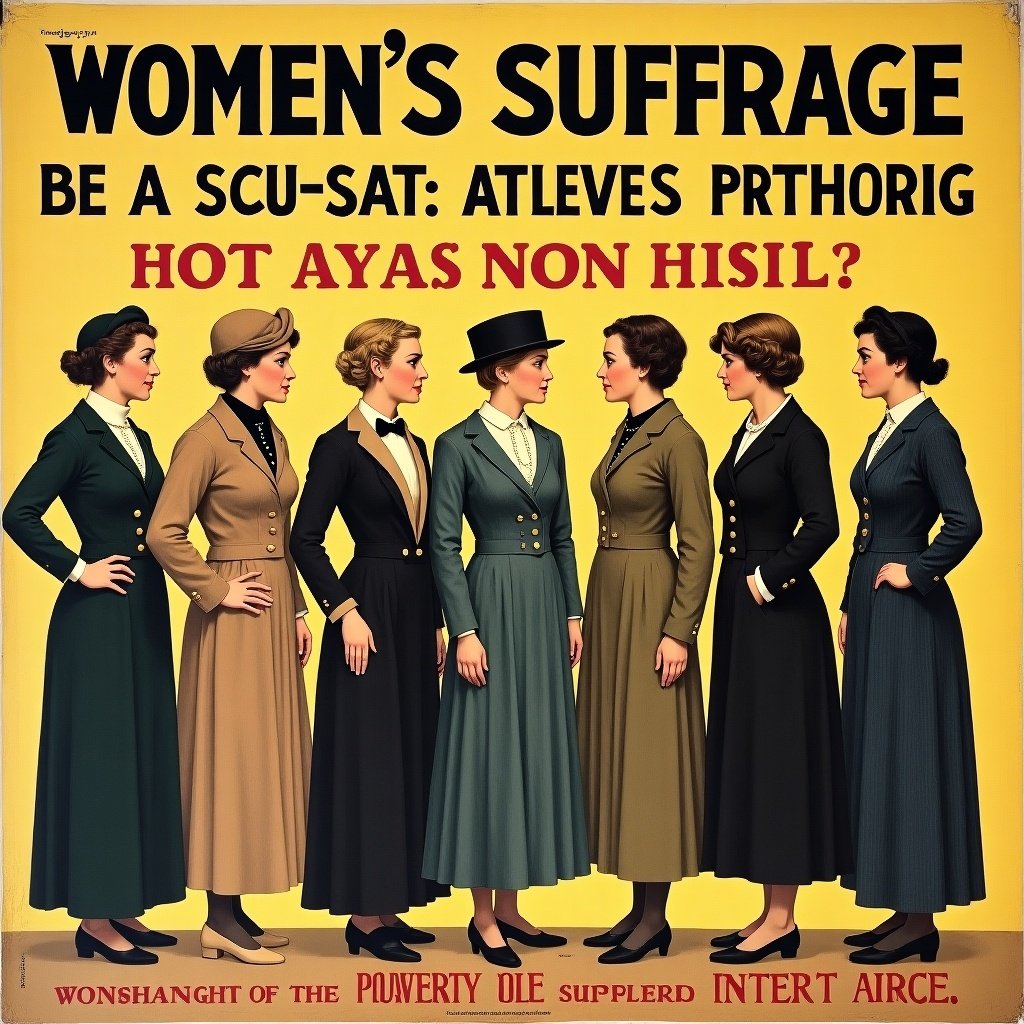 This is a vintage political reform poster advocating for women's suffrage. It features a lineup of women in various period outfits, showcasing the evolution of women’s fashion and roles in society. The title is prominently displayed in bold, clear letters. The warm yellow background enhances the visual appeal and draws attention to the message. The image conveys determination and the fight for women's rights in the 1800s.