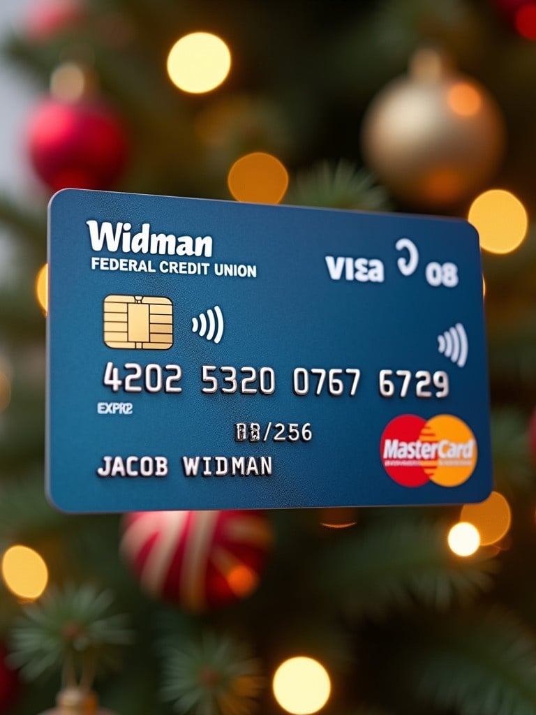 Realistic depiction of a credit card showing details. Card features Visa logo and Widman Federal Credit Union noticeable. Card number displayed is 4202 5320 0767 6729. Name Jacob Widman is arranged clearly. Expiry date of 08/26 is visible. Clean layout with Christmas backdrop.