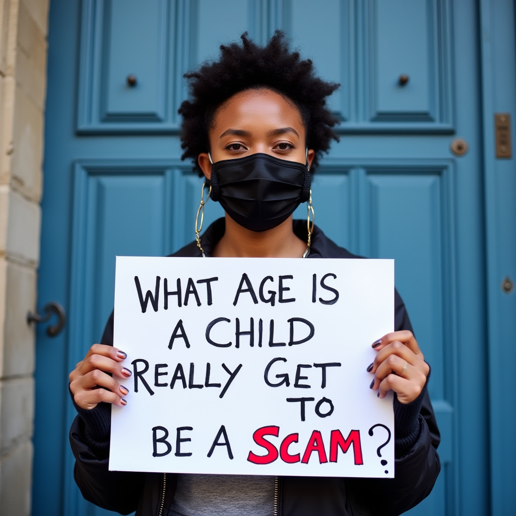 A person wearing a mask holds a sign questioning the notion of childhood innocence in front of a blue door.