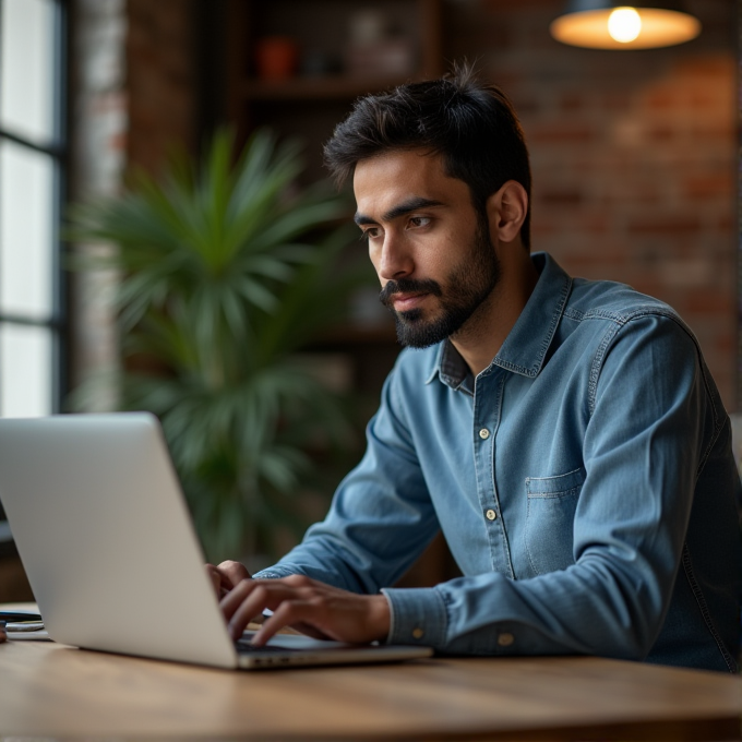 A man wearing a blue denim shirt intently works on a laptop in a cozy, brick-walled room with soft lighting.