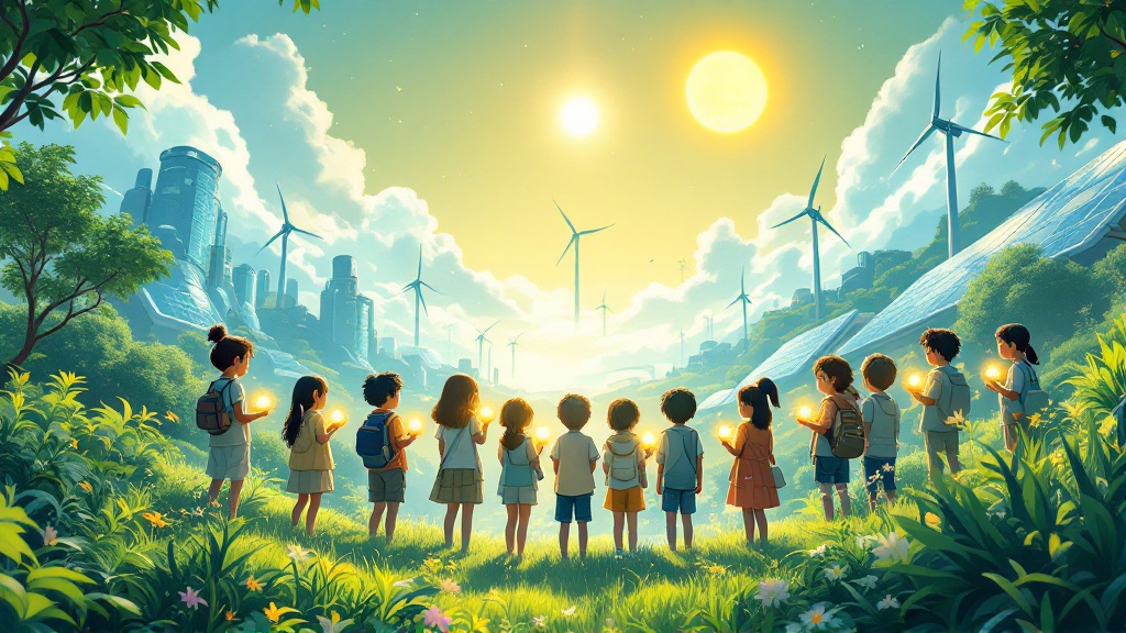 Illustration of solarpunk-inspired scene showing children in diverse backgrounds each holding glowing globes representing hope. Lush greenery surrounds them with futuristic eco-buildings and renewable energy sources like wind turbines and solar panels in the background. Soft painterly textures add rich details to the artwork. Joyful and peaceful atmosphere with warm colors of nature.