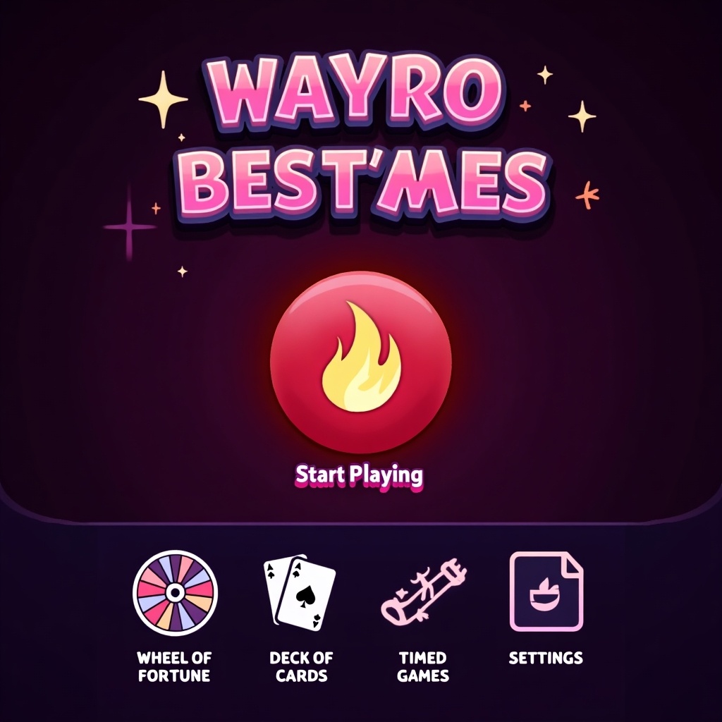 The image showcases a vibrant gaming app interface titled 'WAYRO BEST'MES'. It features a playful font that grabs attention with bright colors like purple and fluoro pink. In the center, there is a prominent 'Start Playing' button, marked with a stylized flame icon, inviting users to engage. Below, four minimalist icons represent various game options: Wheel of Fortune, Deck of Cards, Timed Games, and Settings, all designed for easy navigation. The clean, engaging layout fosters an inviting atmosphere for gaming enthusiasts.