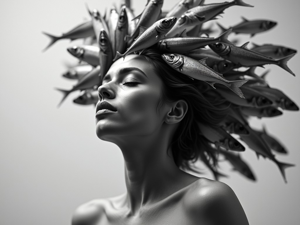 This monochrome digital artwork features a woman with a serene expression, her head adorned with a crown of swirling fish. The image captures both the beauty and surrealism of the composition, using smooth gradients and soft lighting to enhance the ethereal atmosphere. The contrast of the smooth skin against the intricate details of the fish creates a captivating visual experience.