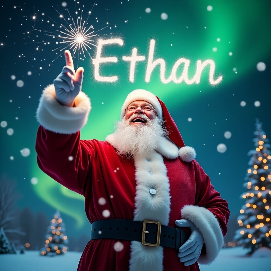 A winter wonderland scene with Santa Claus in red suit. Santa is pointing upward while writing the name Ethan in the sky with a magical wand. Snowflakes are falling softly around him, and northern lights create a colorful backdrop.