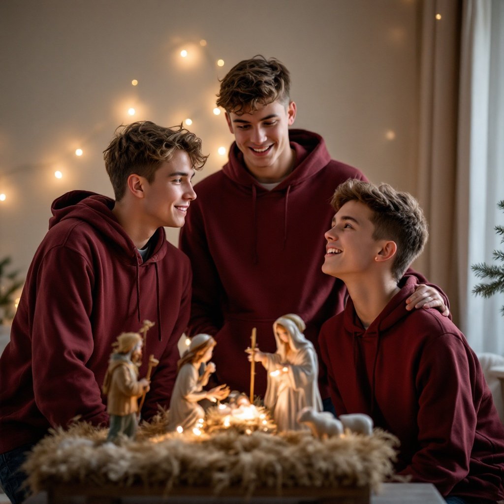 Three athletic boys in maroon hoodies are looking at a Christmas manger scene. The setting has warm lighting and a festive atmosphere. They are engaged in family traditions during the holiday season.