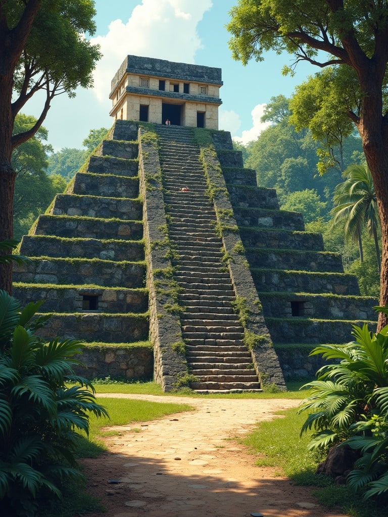 Mayan temple situated in a lush jungle environment. Temple features steep steps. Surrounded by trees and greenery. Historical and adventurous atmosphere.