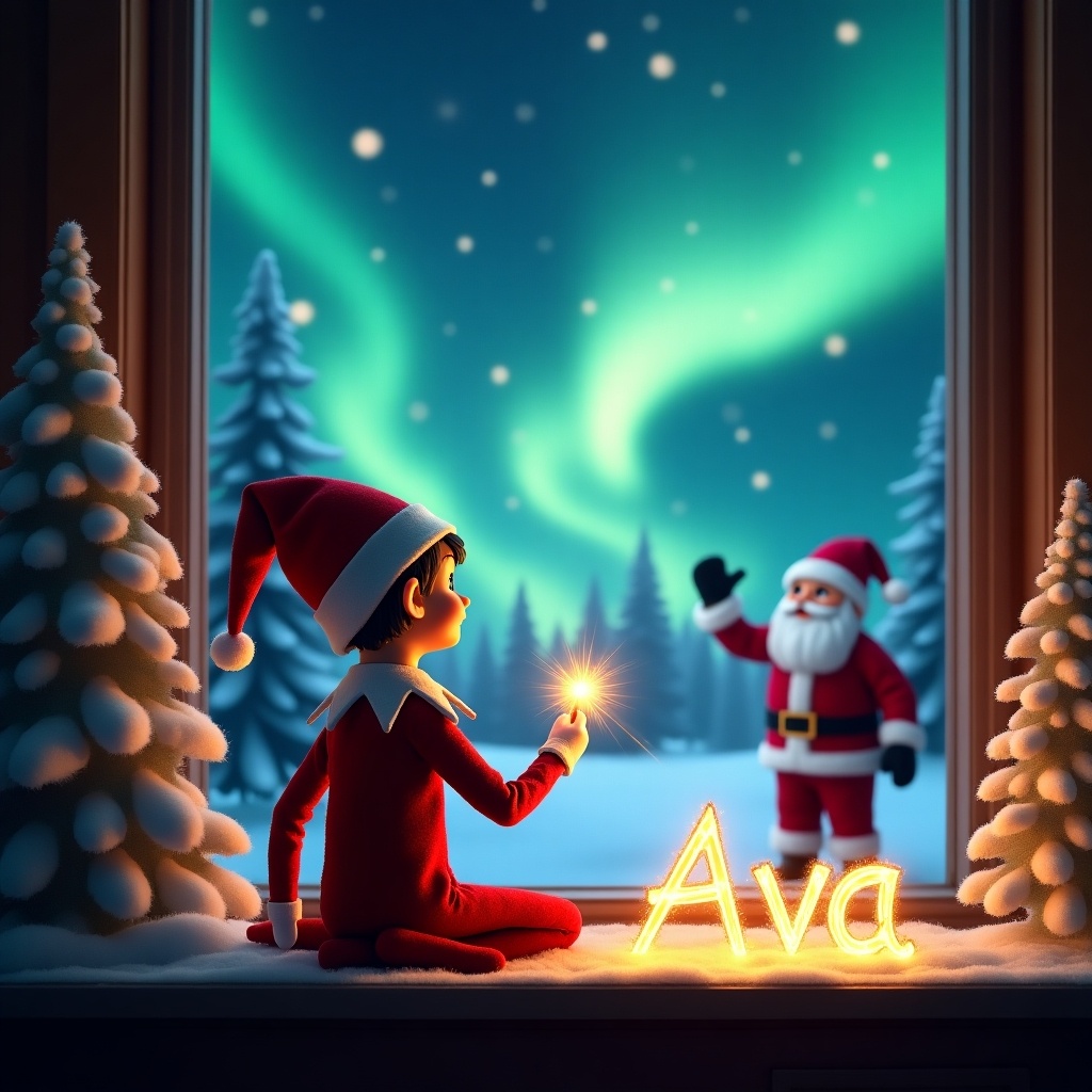 The image depicts an adorable elf on the shelf sitting with his back turned, facing a vibrant night sky filled with northern lights. With a sparkling magic wand in hand, the elf is elegantly writing the name 'Ava' in shimmering light. In the background, Santa Claus stands cheerfully, adding to the festive atmosphere. The scene is warmly illuminated, creating a cozy and magical Christmas mood. Snow-covered trees frame the window, enhancing the enchanting winter wonderland feel.