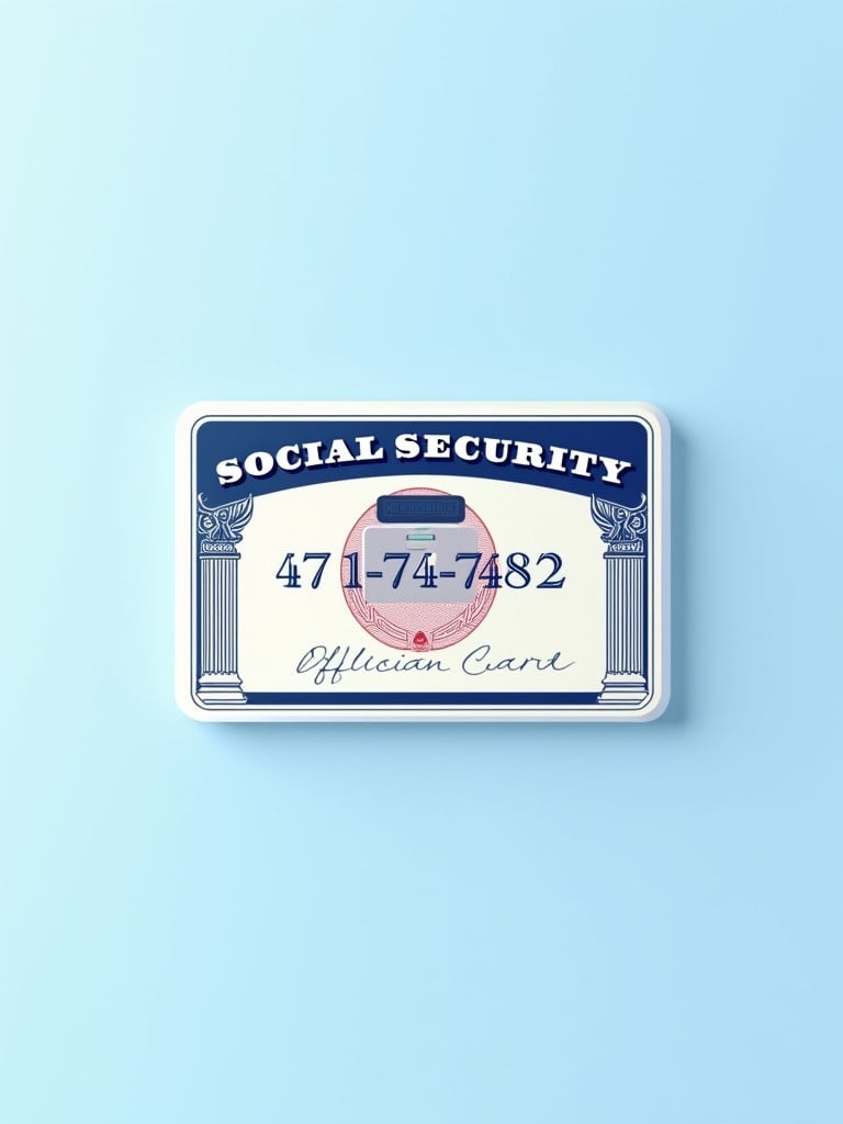 Depiction of a generic social security card. Text 'SOCIAL SECURITY' at top. Numbers '471-74-7482'. Includes graphic chip. Official design with decorative elements. Soft blue background. Clean and professional appearance.