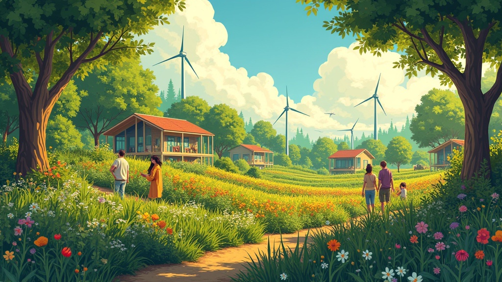 Comic-style illustration showing a vibrant permaculture landscape. People of various ages work together in the fields. Sunlight filters through lush trees. Wind turbines spin in the background. Futuristic homes peek through greenery. The scene is serene and full of life. Dynamic lighting and soft painterly textures enhance the atmosphere.