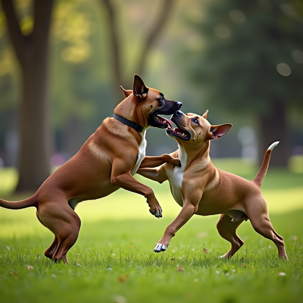 Two energetic dogs playfully frolic on a grassy field.