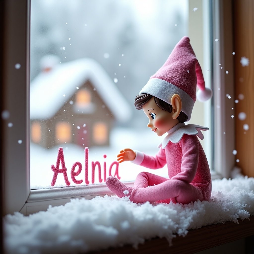 A pink girl elf is sitting on a windowsill. She writes 'Alenia' in soft white snow. The window frames a cozy winter scene outside. A charming house is in the background. Snowflakes are gently falling. The elf's pink outfit and joyful expression evoke warmth.