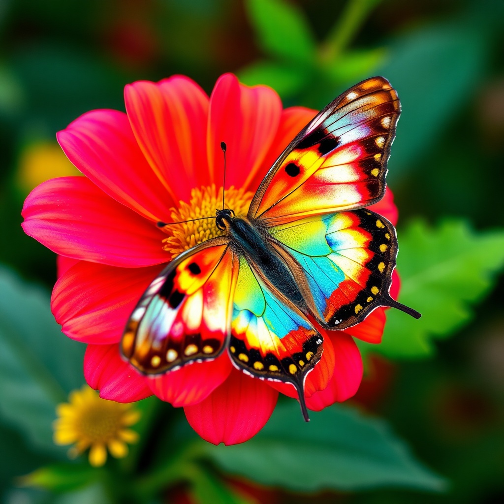 A vibrant butterfly resting on a colorful flower in a garden setting, captured in a close-up photograph with bright, natural lighting.