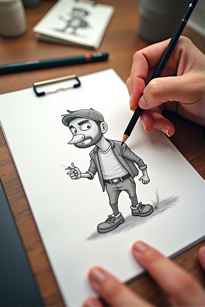 A person is drawing a cartoon-style figure on a clipboard with pencils.