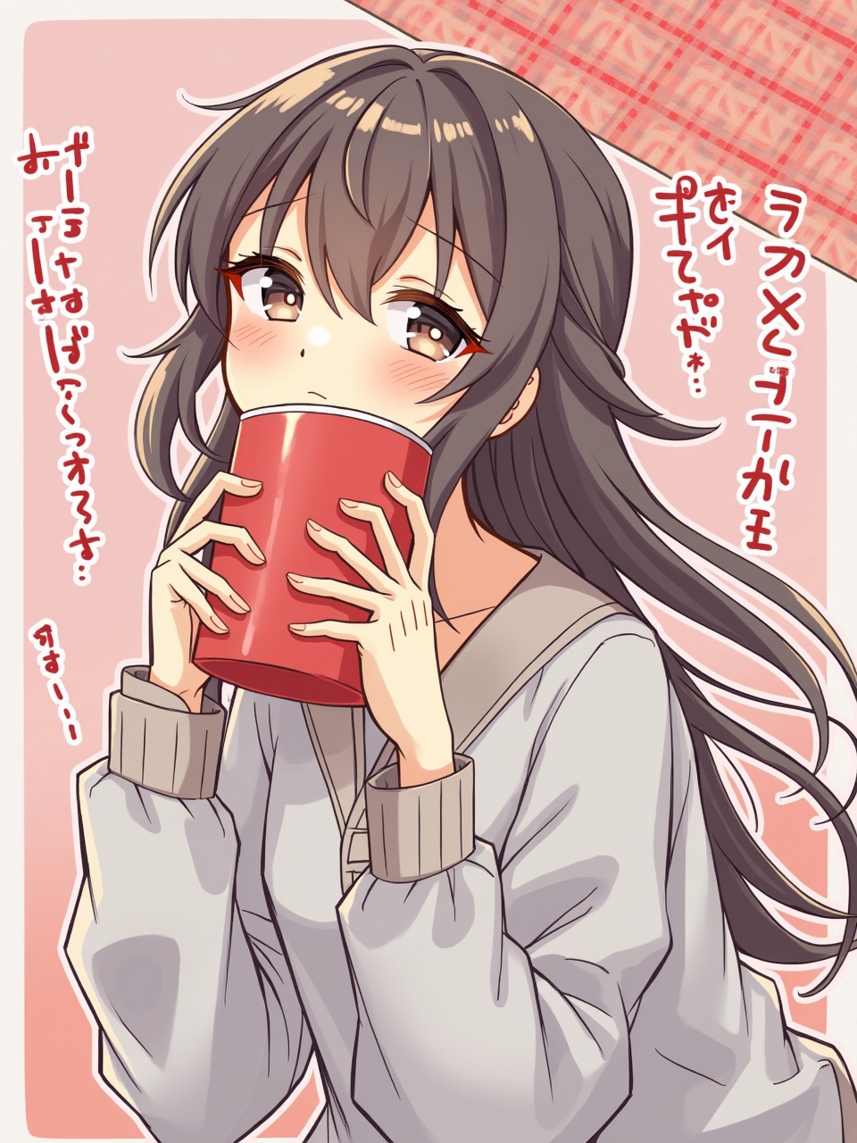 Anime-style illustration of a girl with long dark hair, holding a large red cup, with blush on her cheeks and an innocent expression, Japanese text around her, soft lighting and a warm color palette.