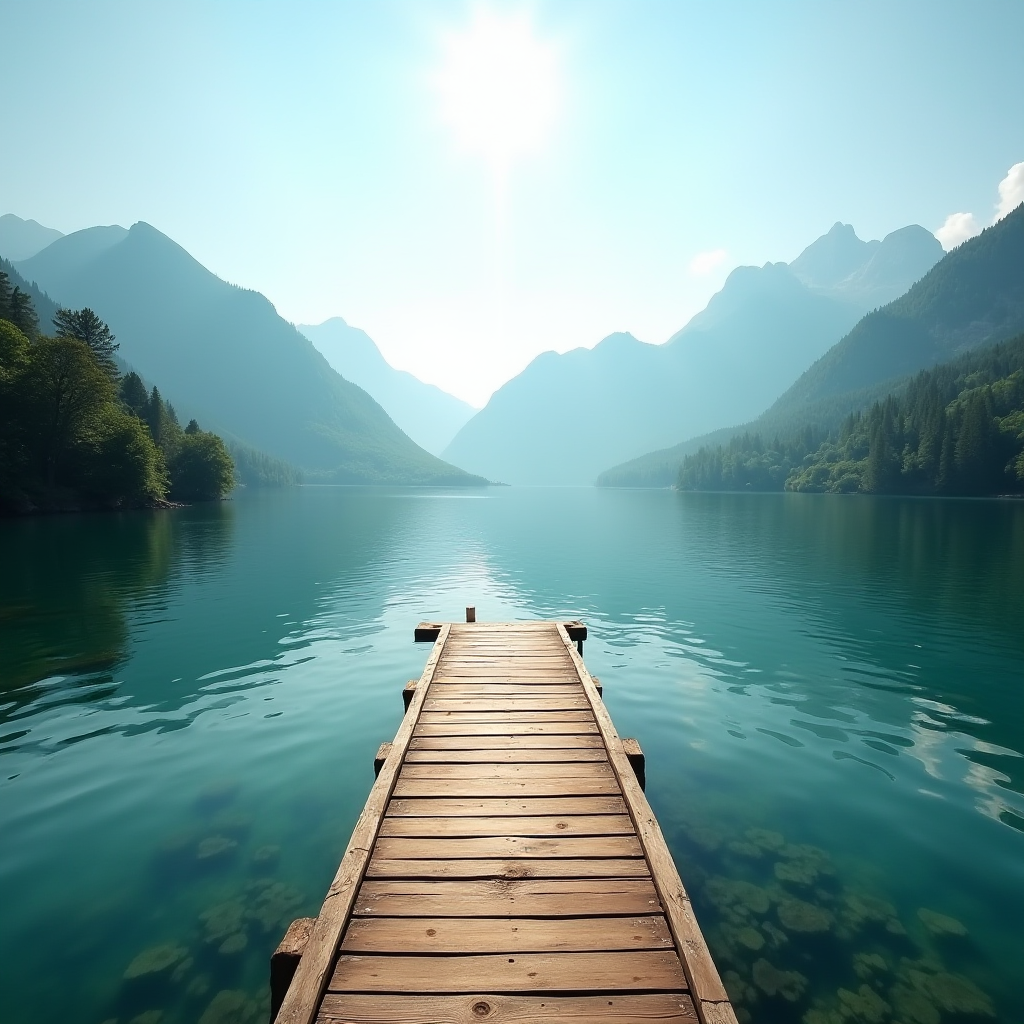 A serene wooden pier extends over a calm, reflective lake surrounded by majestic mountains under a bright sun.