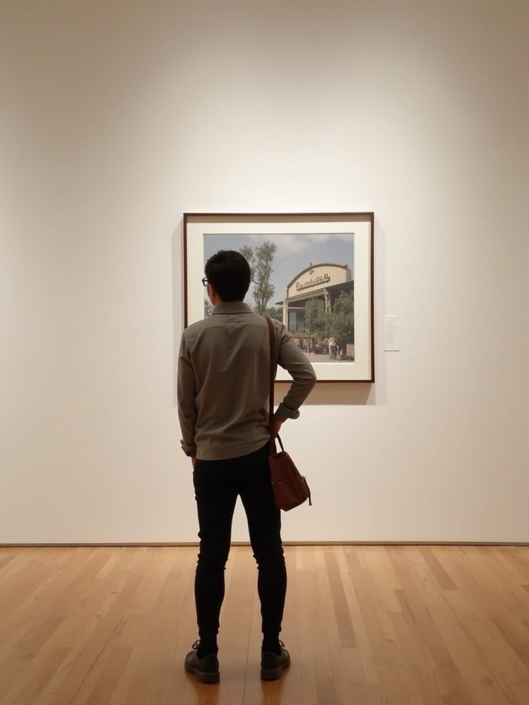 Person standing in art gallery. Looking at framed print on wall. Gallery features light-colored background. Floor has wooden panels. Beautiful framed artwork displayed. Individual has brown bag and casual outfit.