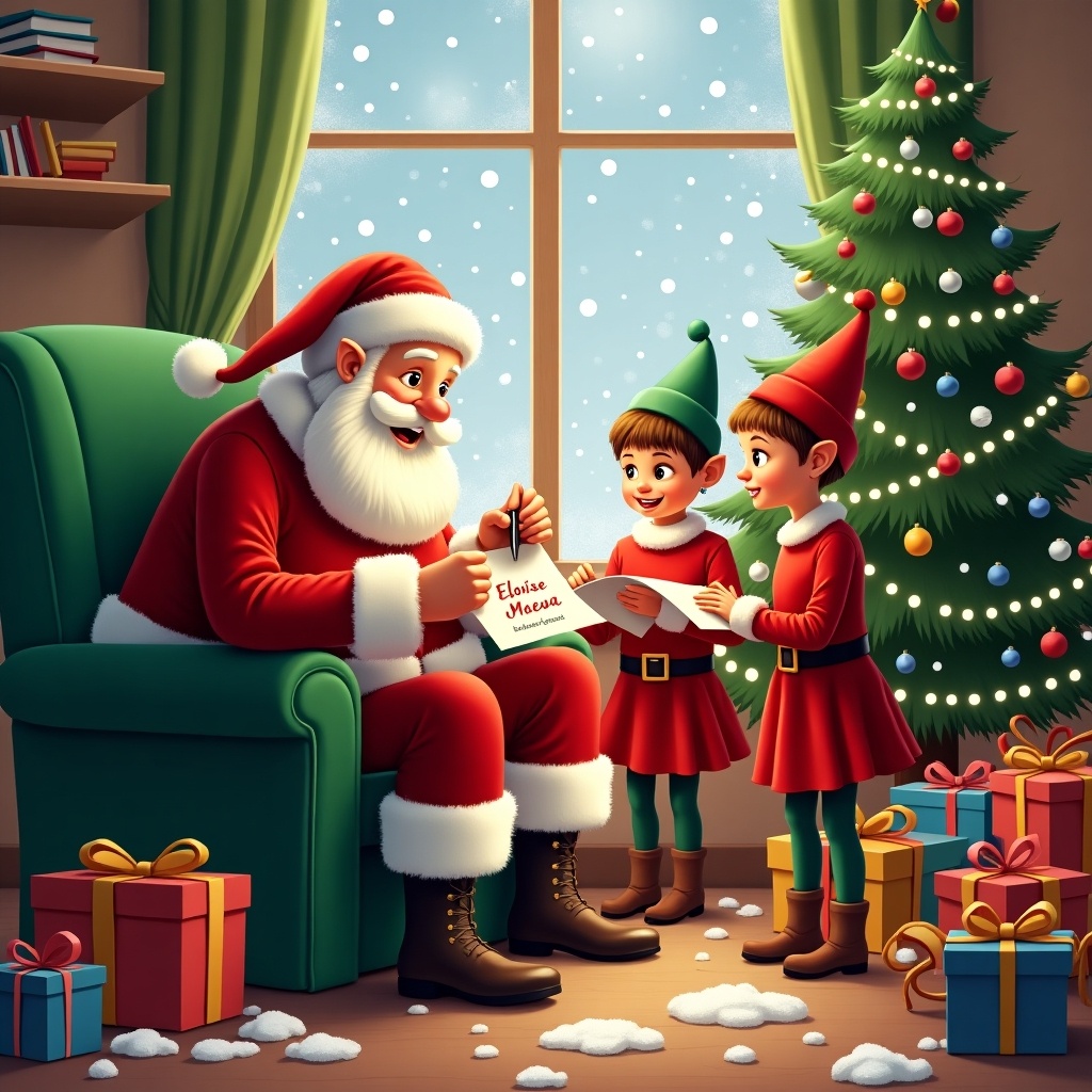 A warm Christmas scene with Santa Claus in a green chair. Two cheerful elves prepare gifts nearby. Snow falls outside the window. Colorful presents scatter around. Santa writes 'Eloise and Maeva' on a note.