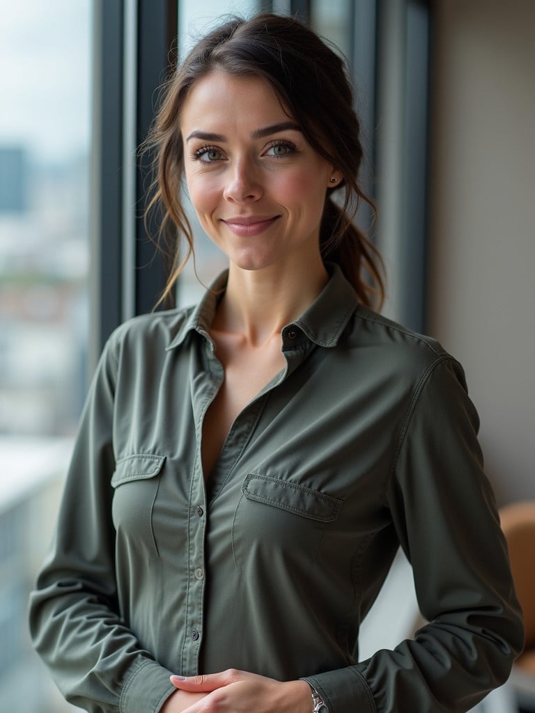 A professional individual standing indoors, wearing an olive green shirt, looking focused. The person is in front of a large window with a city view in the background. The ambiance is warm and inviting, showcasing a sense of professionalism.