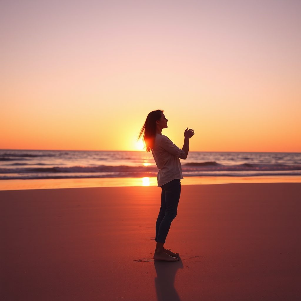 A person stands on a beach at sunset, silhouetted against the vivid orange and purple hues of the sky and ocean.