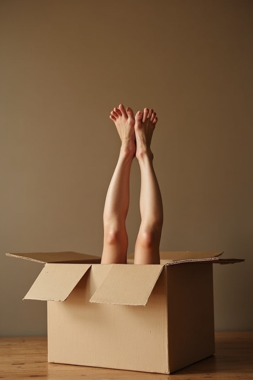 Female feet protruding from a cardboard box. Box is large with flaps open. Background is simple and neutral.