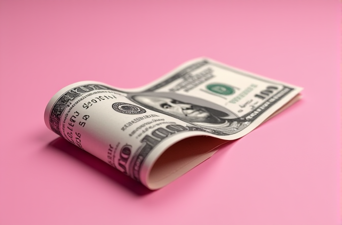 A partially folded hundred-dollar bill lies on a pink surface.