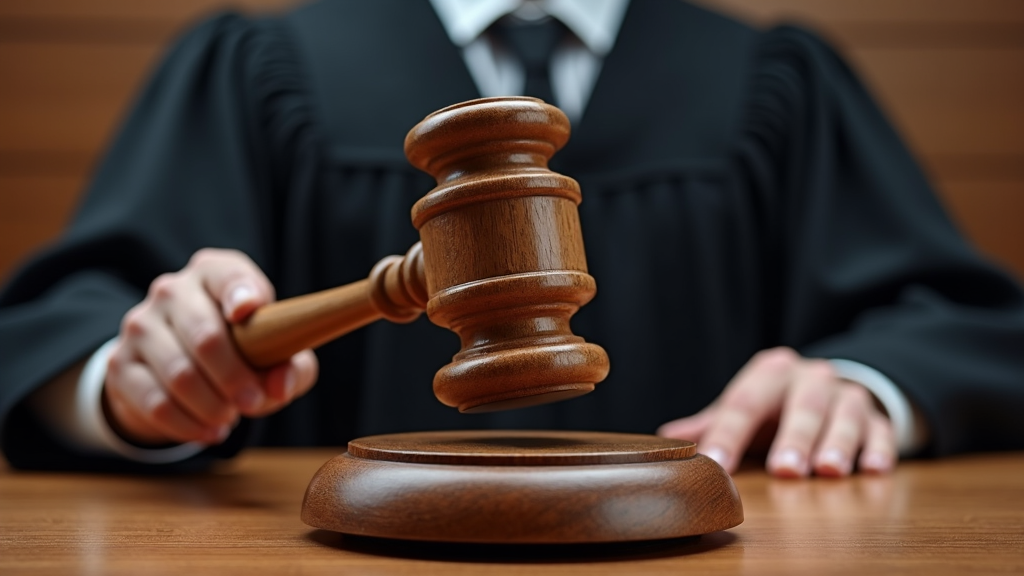 A judge's hand poised to strike a wooden gavel in a courtroom setting.