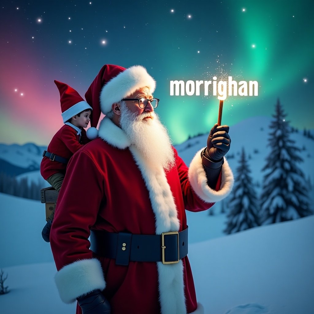 Santa Claus with white beard and glasses in snowy mountains. Elf on shelf on Santa's shoulder. Santa writing 'morrighan' in stars using a magic wand. Northern lights are visible.